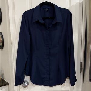 Navy Button-Up Collared Blouse